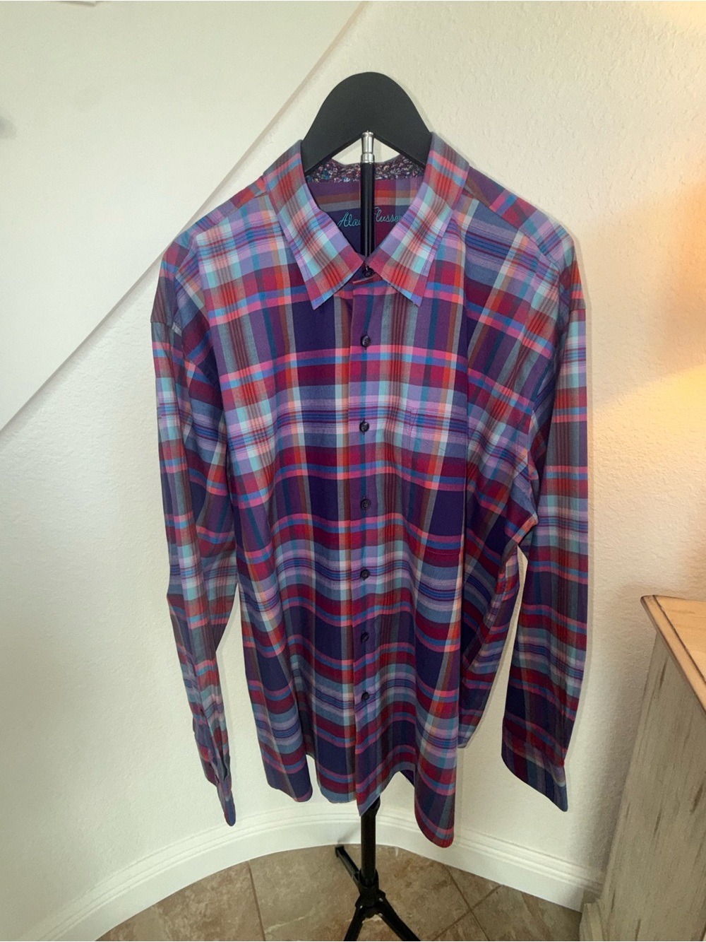 Alan Flusser Purple and Pink Plaid Button-Front Dress Shirt